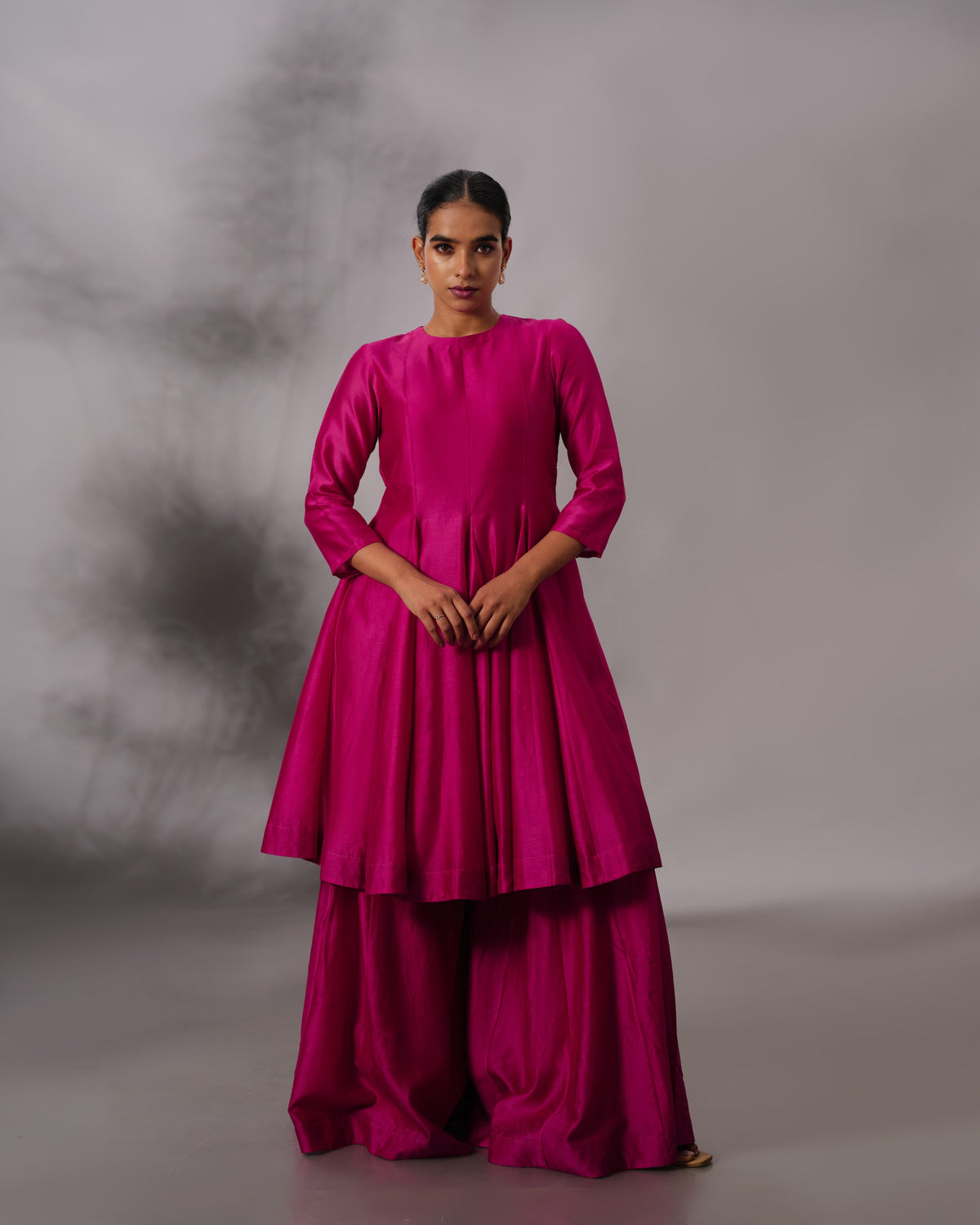 Model wearing the Hot Pink Godet Salwar Set by Kpret by Kalakaari