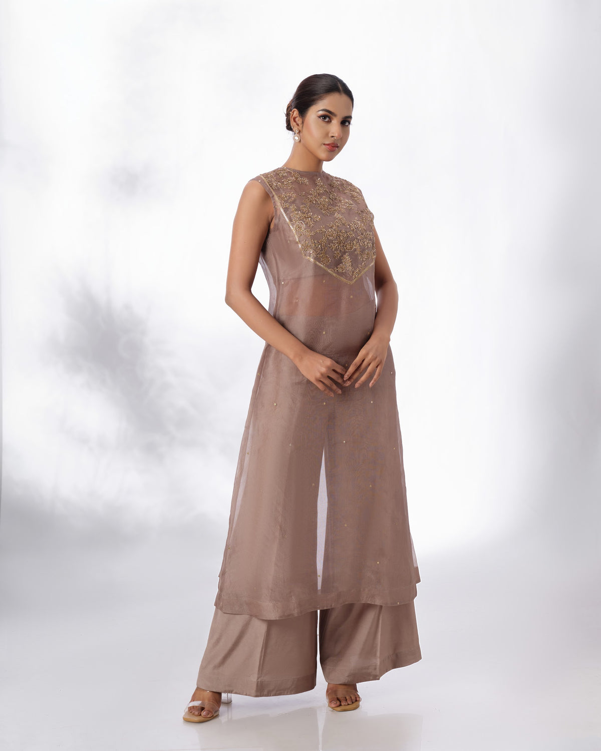 Model wearing the Chocolate Malt Silk Organza Set by Kpret by Kalakaari