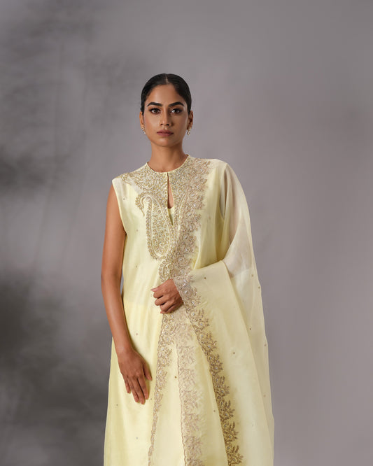Model wearing the Butter Yellow Hand-Embroidered Salwar Set by Kpret by Kalakaari
