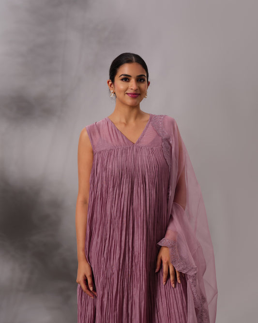 Model wearing the Dusty Plum Gathered Salwar Set by Kpret by Kalakaari