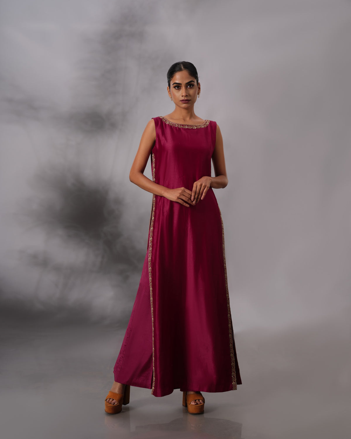Model wearing the Vintage Wine Side-Slit Salwar Set by Kpret by Kalakaari