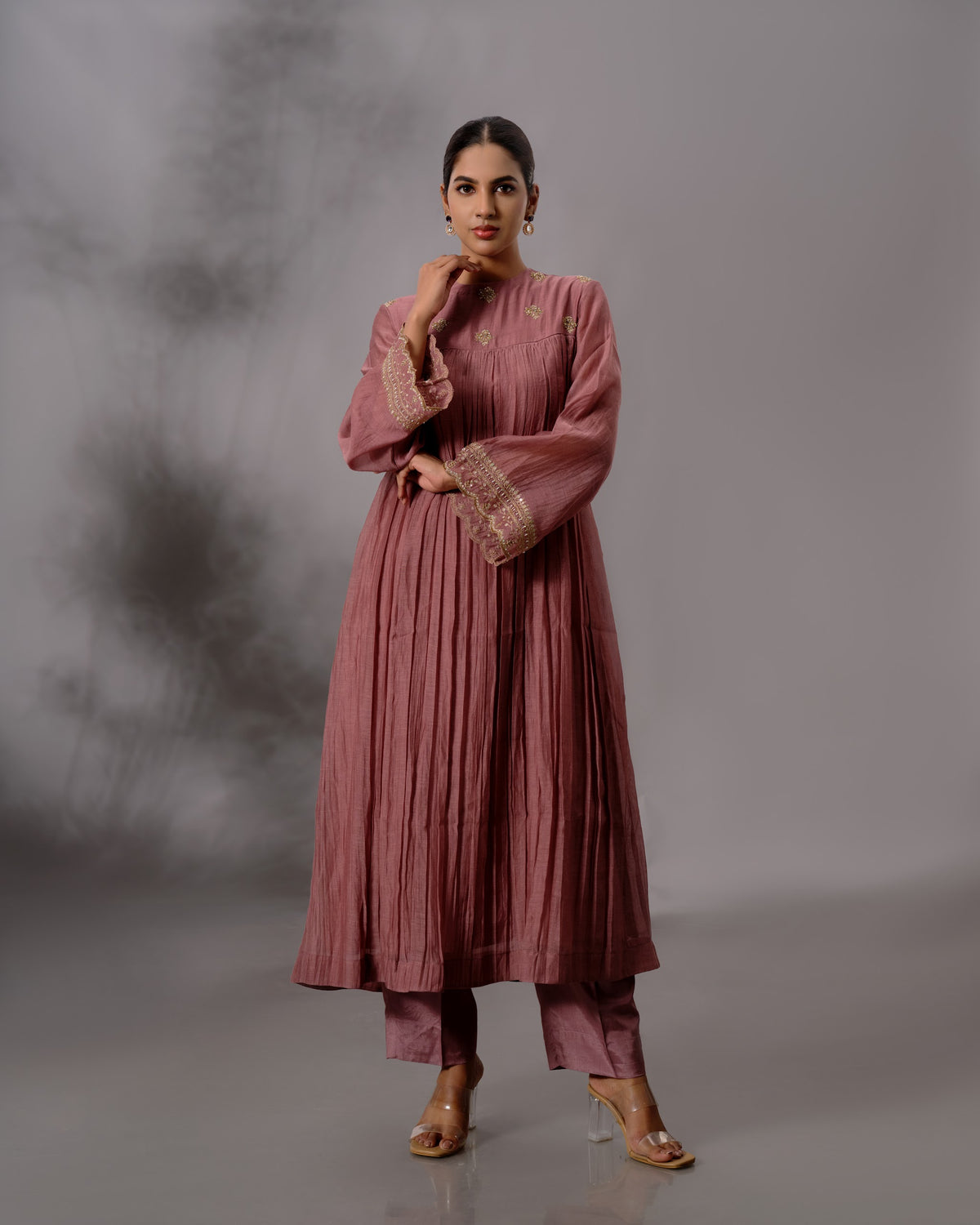 Model wearing the Rosewood Gathered Salwar Set by Kpret by Kalakaari