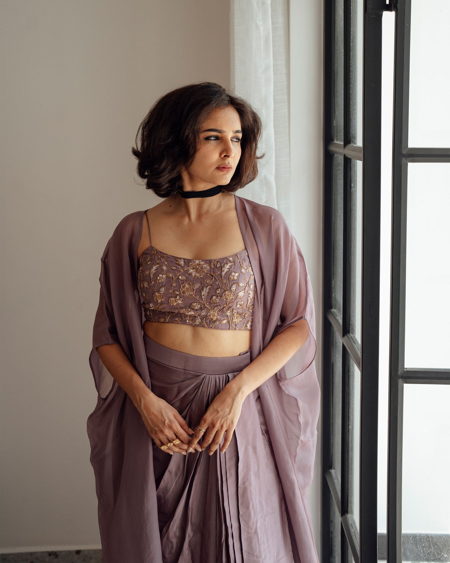DARK MAUVE DRAPED SKIRT CROPTOP AND JACKET