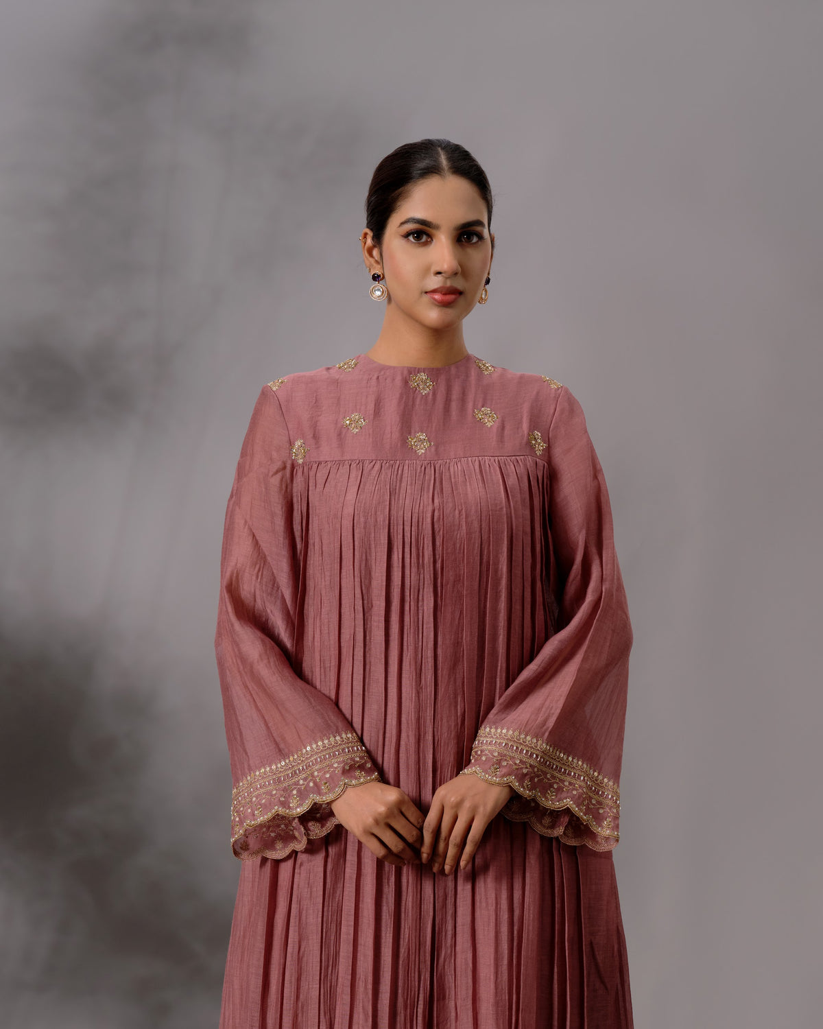 Model wearing the Rosewood Gathered Salwar Set by Kpret by Kalakaari