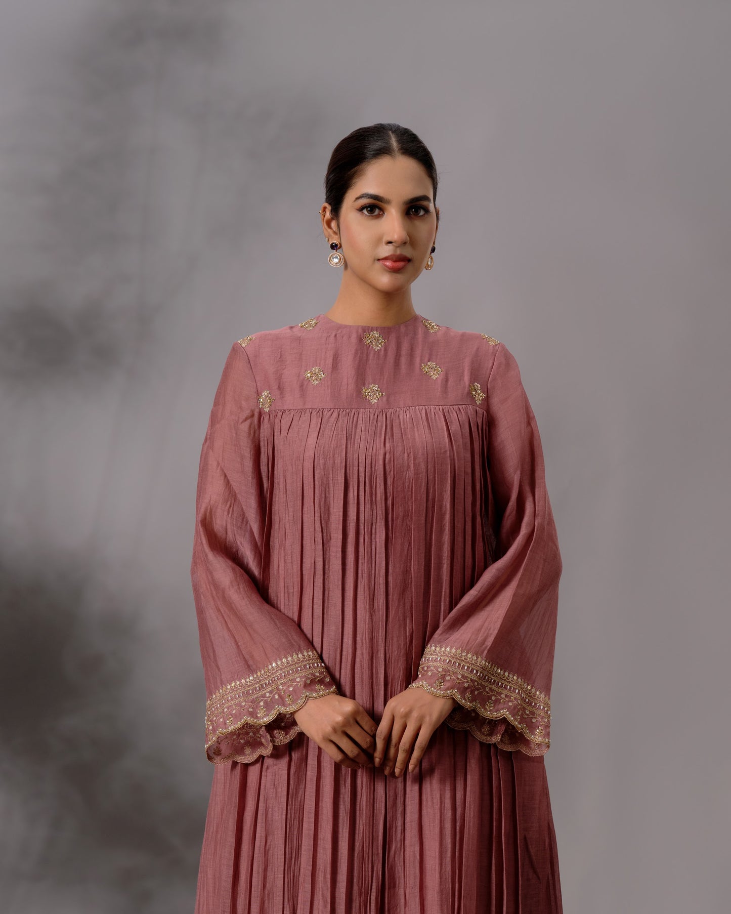 Model wearing the Rosewood Gathered Salwar Set by Kpret by Kalakaari