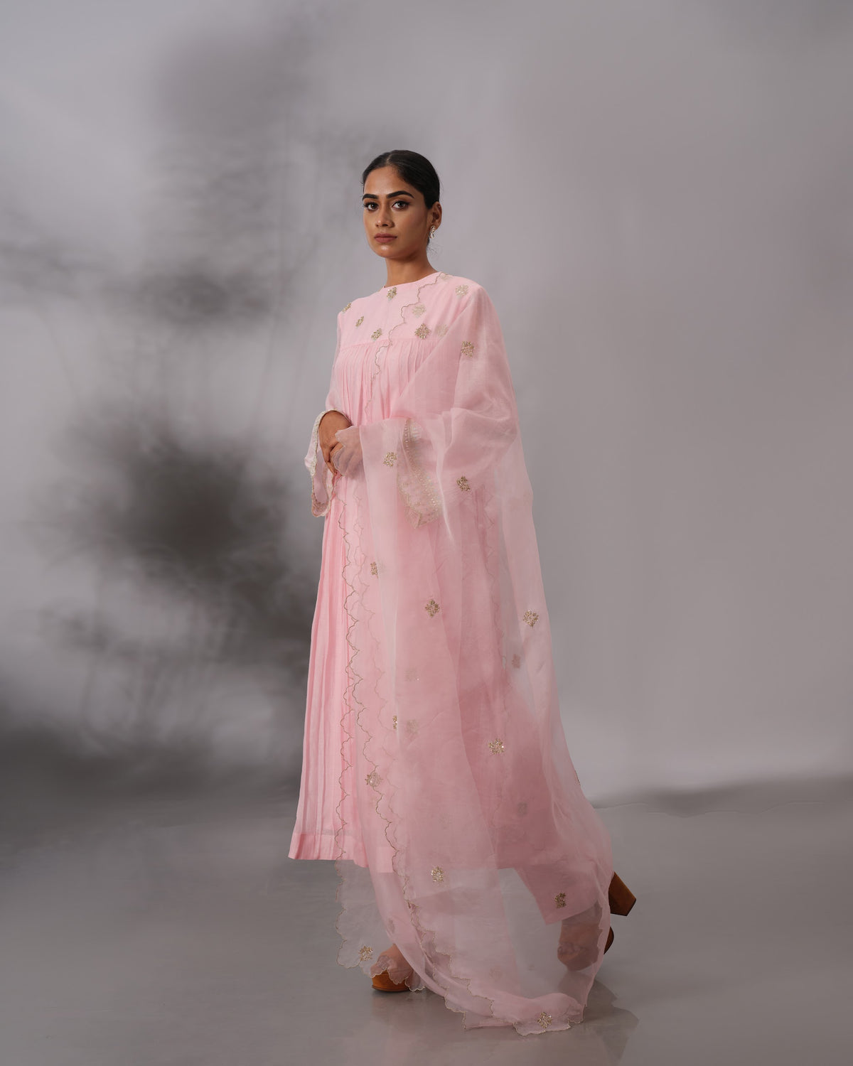 Model wearing the Blush Pink Gathered Salwar Set by Kpret by Kalakaari