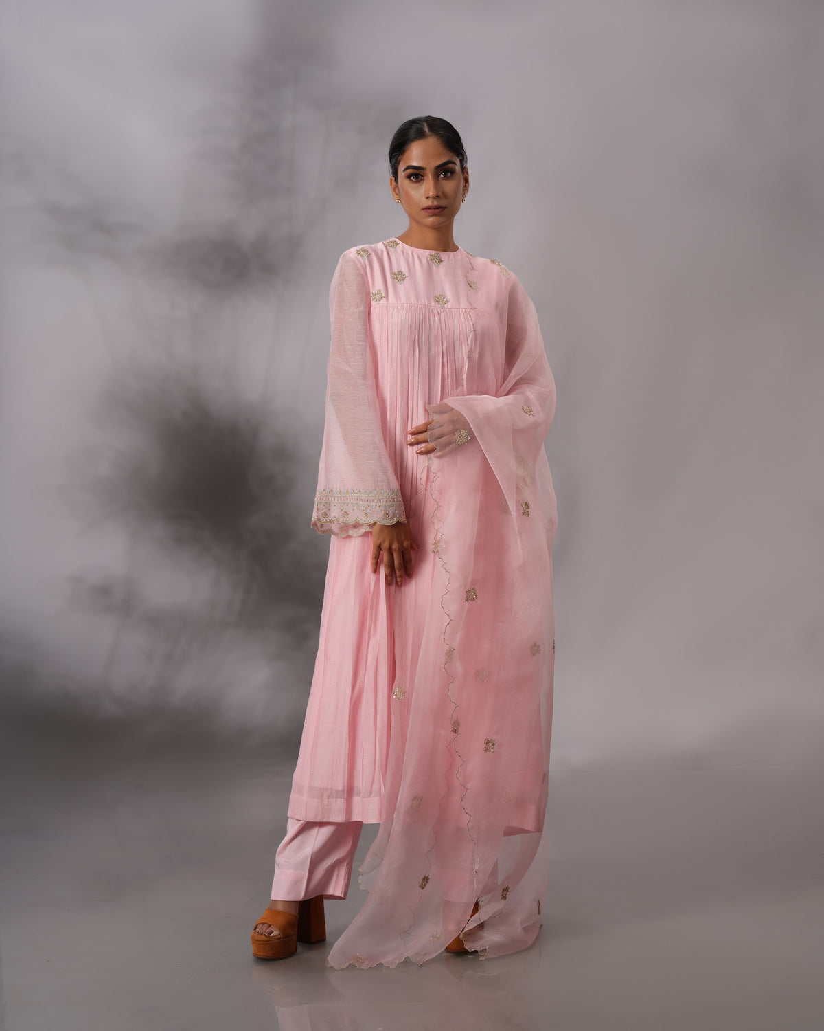 Model wearing the Blush Pink Gathered Salwar Set by Kpret by Kalakaari