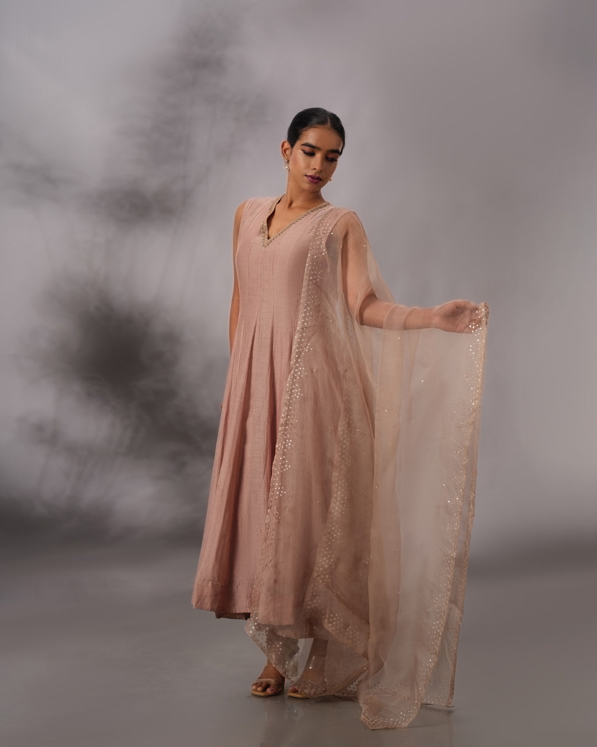 Model wearing the Mocha Mousse Panelled Malai Chanderi Set by Kpret by Kalakaari