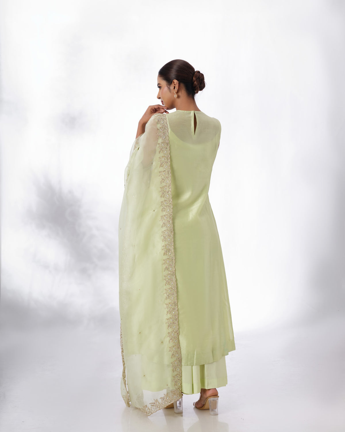 Model wearing the Lime Cream Chanderi Silk Set by Kpret by Kalakaari