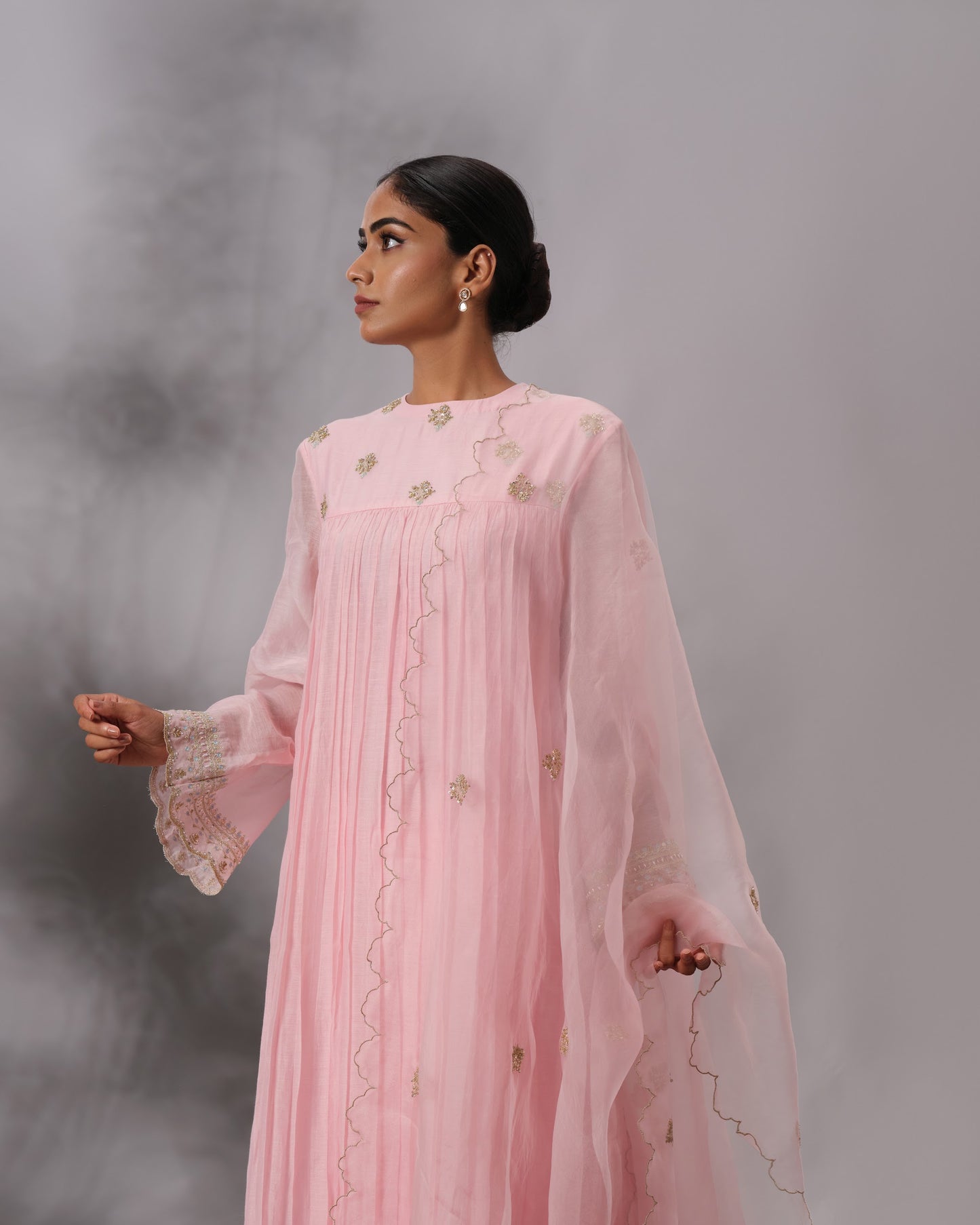 Model wearing the Blush Pink Gathered Salwar Set by Kpret by Kalakaari