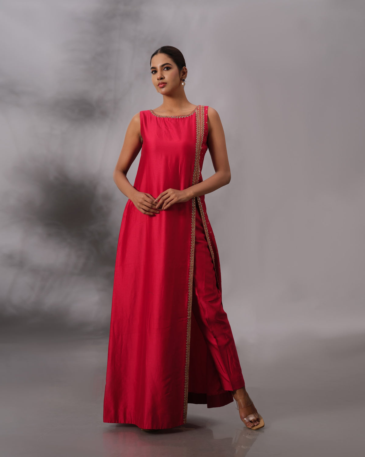 Model wearing the Crimson Red Chanderi Silk Set by Kpret by Kalakaari