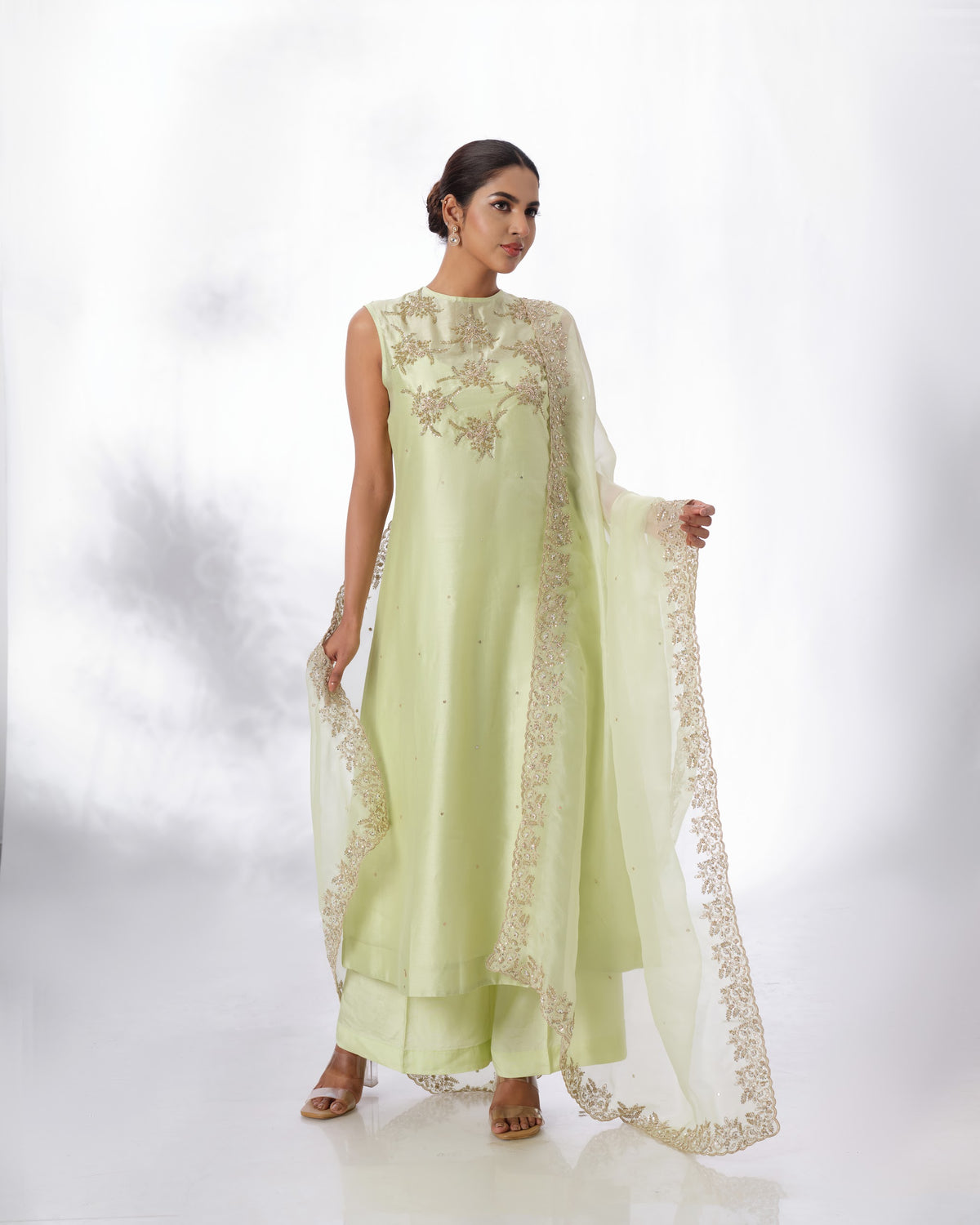 Model wearing the Lime Cream Chanderi Silk Set by Kpret by Kalakaari