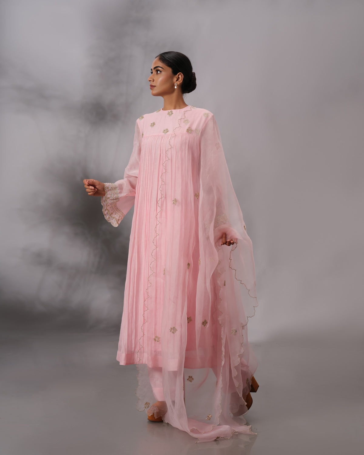 Model wearing the Blush Pink Gathered Salwar Set by Kpret by Kalakaari