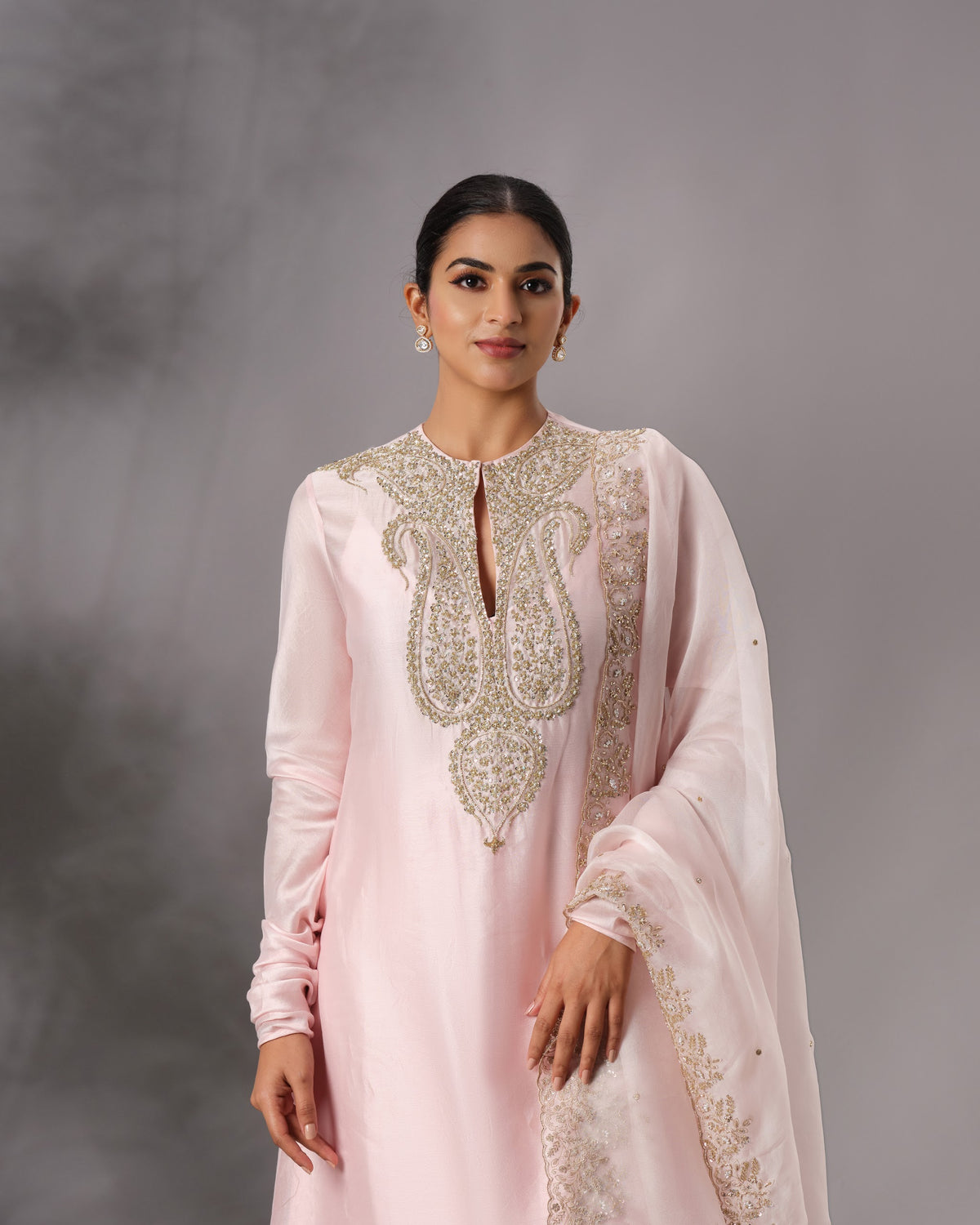 Model wearing the Powder Pink Hand-Embroidered Salwar Set by Kpret by Kalakaari