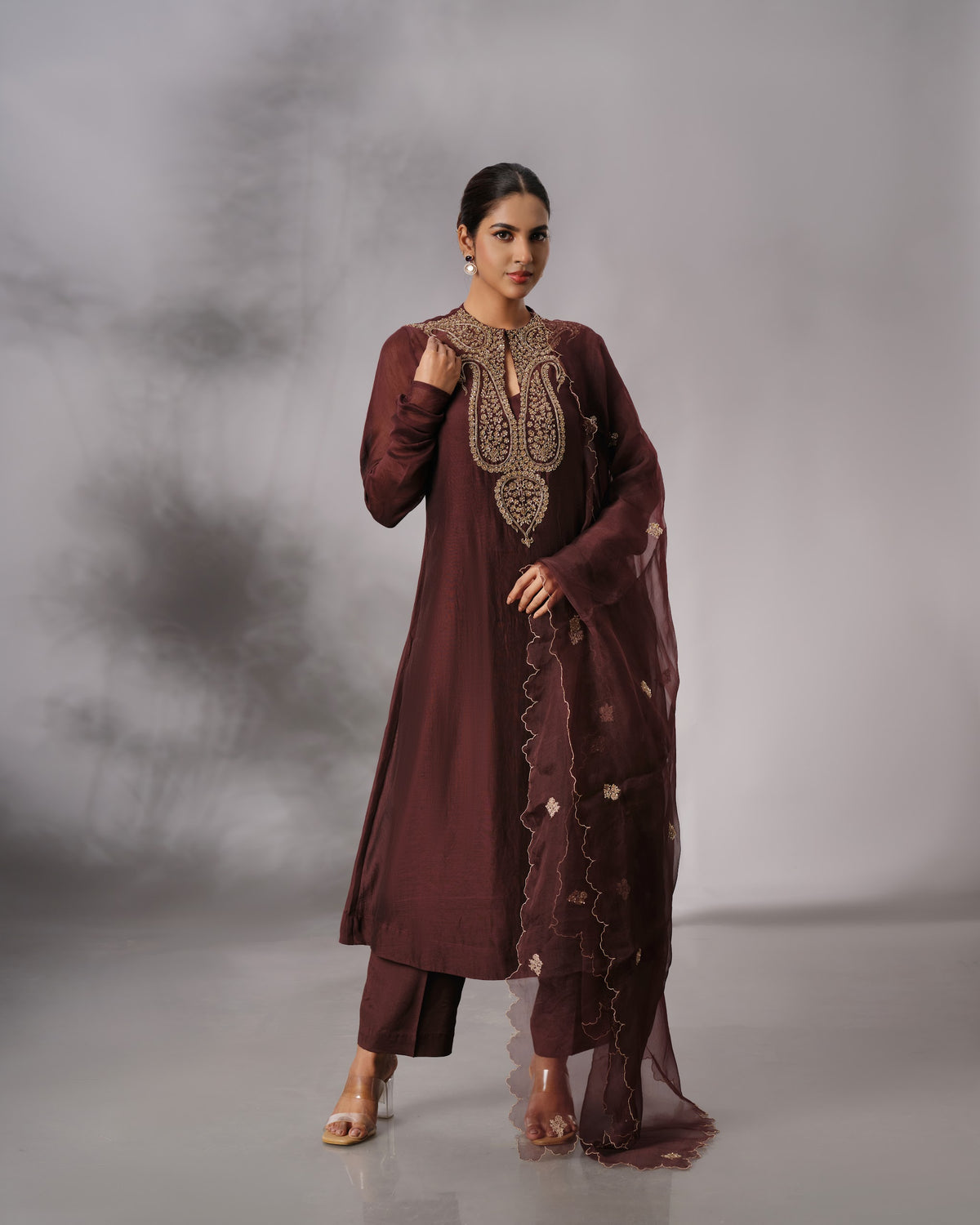 Model wearing the Dark Brown Hand-Embroidered Salwar Set by Kpret by Kalakaari