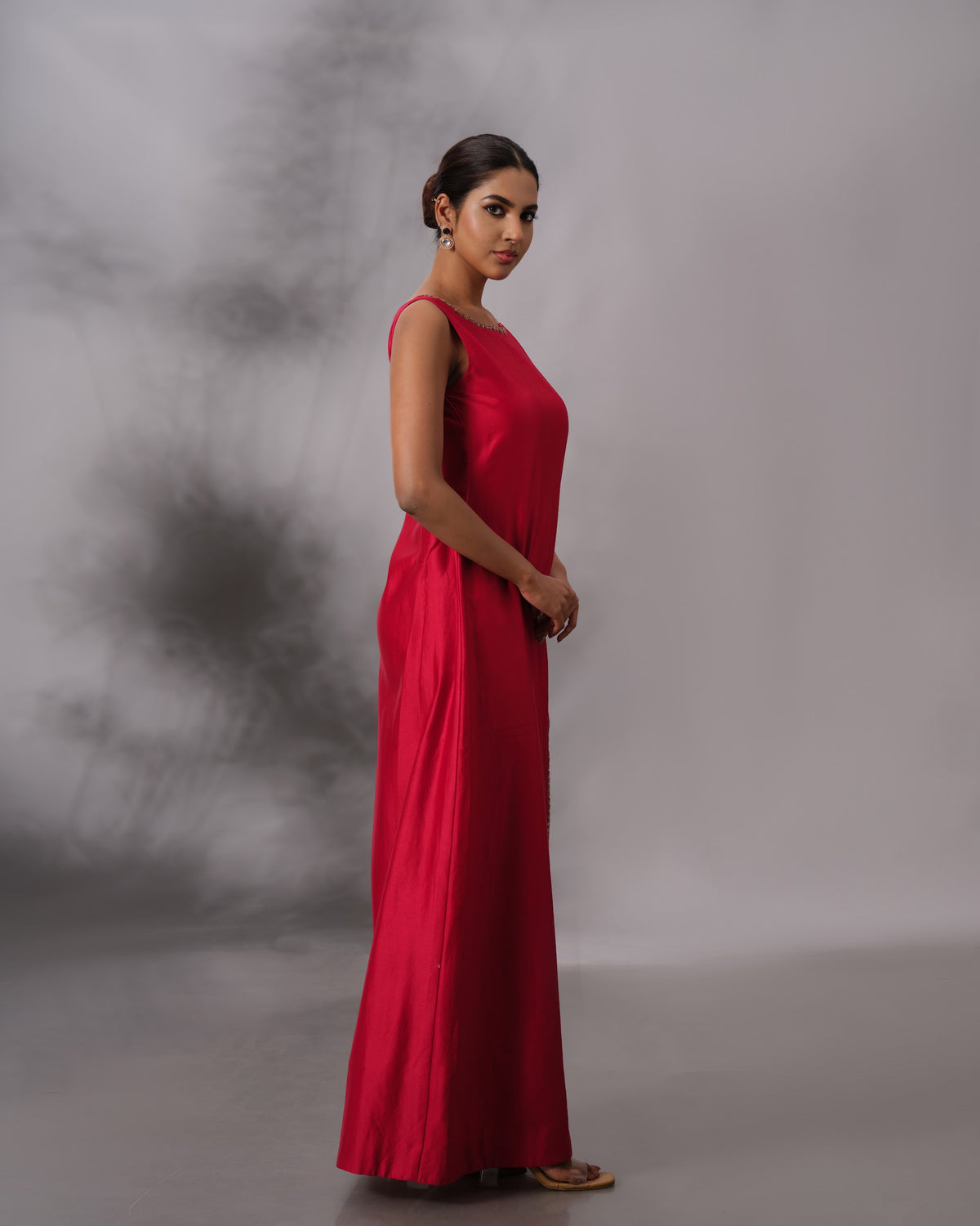 Model wearing the Crimson Red Chanderi Silk Set by Kpret by Kalakaari