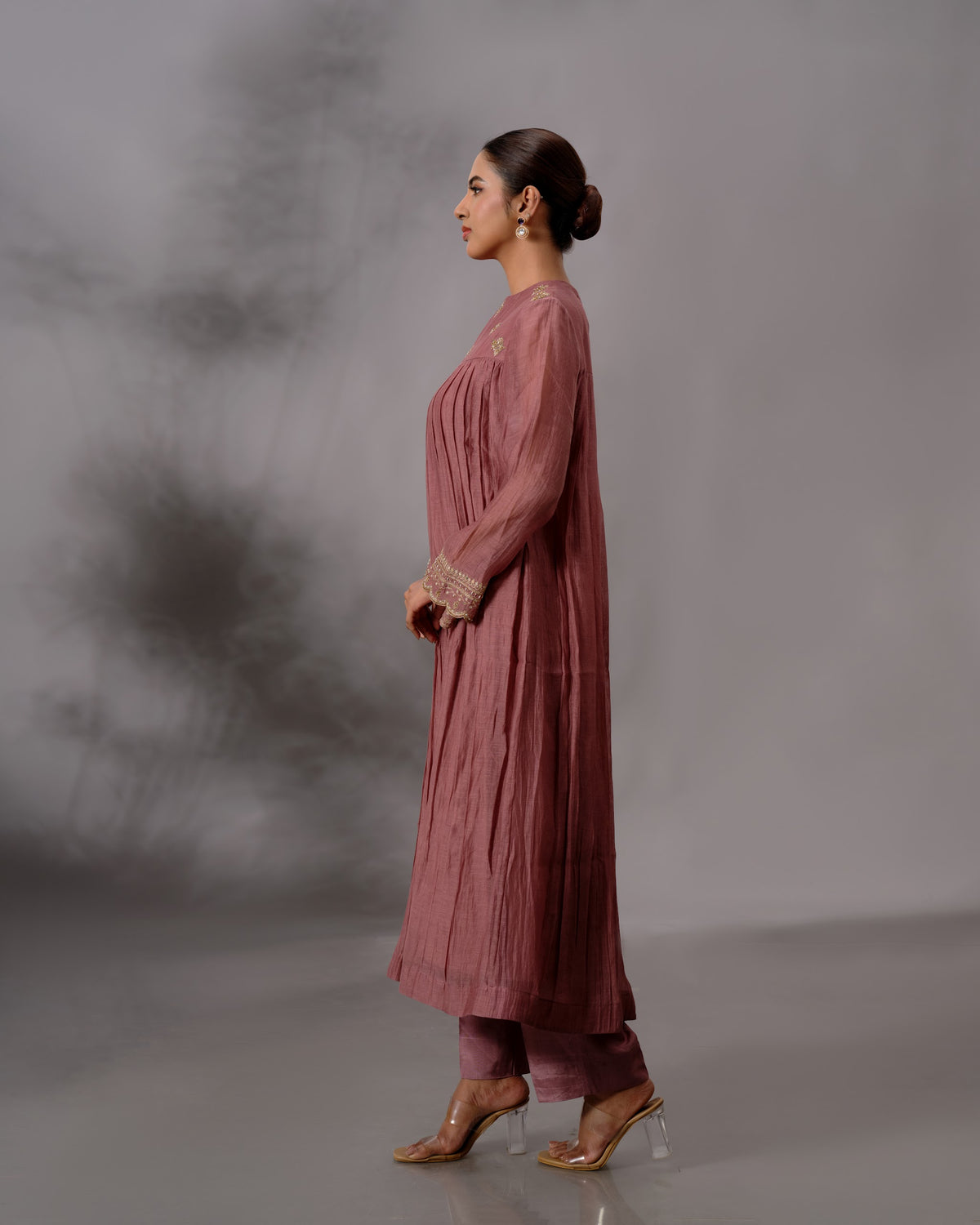 Model wearing the Rosewood Gathered Salwar Set by Kpret by Kalakaari