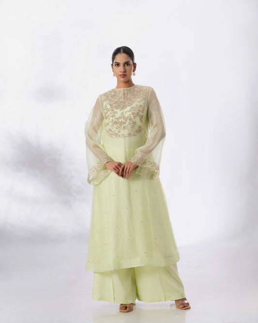 Model wearing the Lime Cream Silk Organza Set by Kpret by Kalakaari