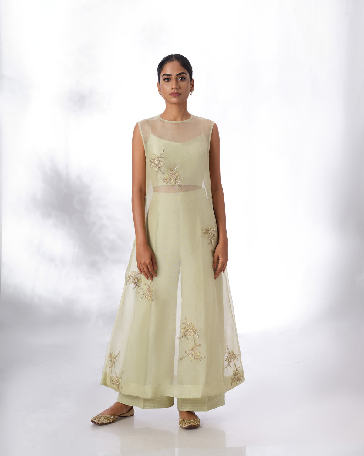 Model wearing the Seafoam Green Silk Organza Butta Set by Kpret by Kalakaari