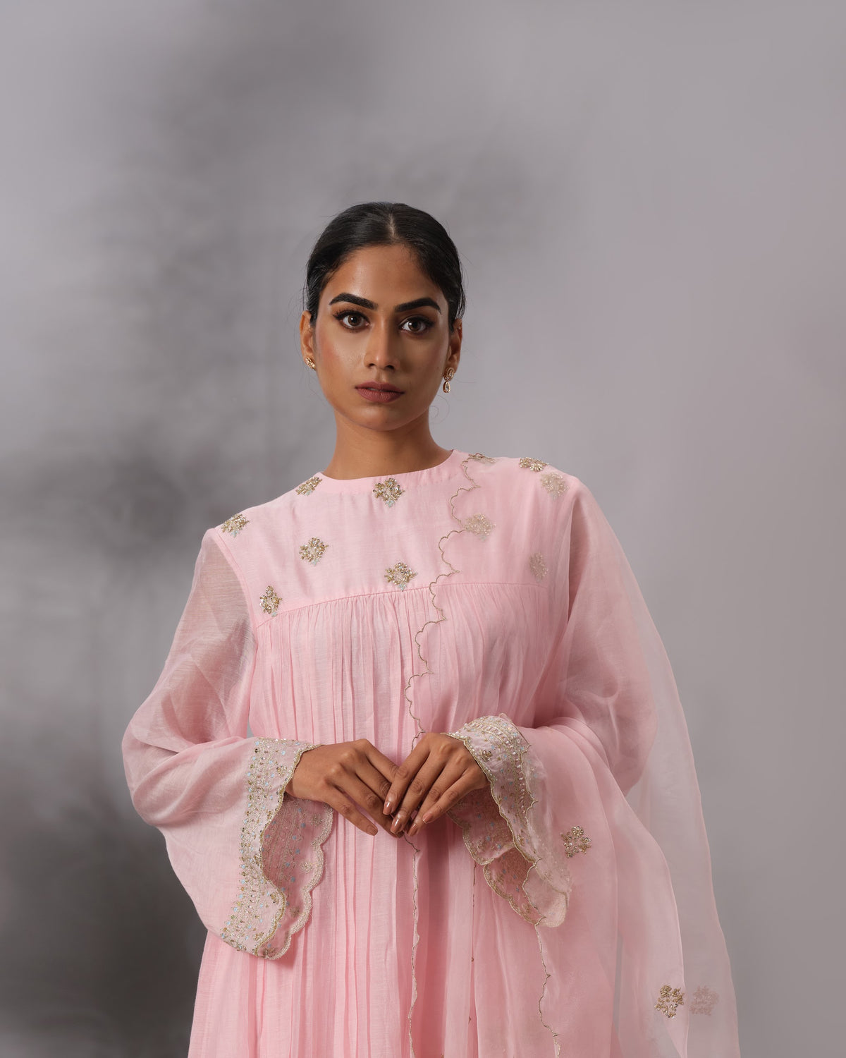 Model wearing the Blush Pink Gathered Salwar Set by Kpret by Kalakaari