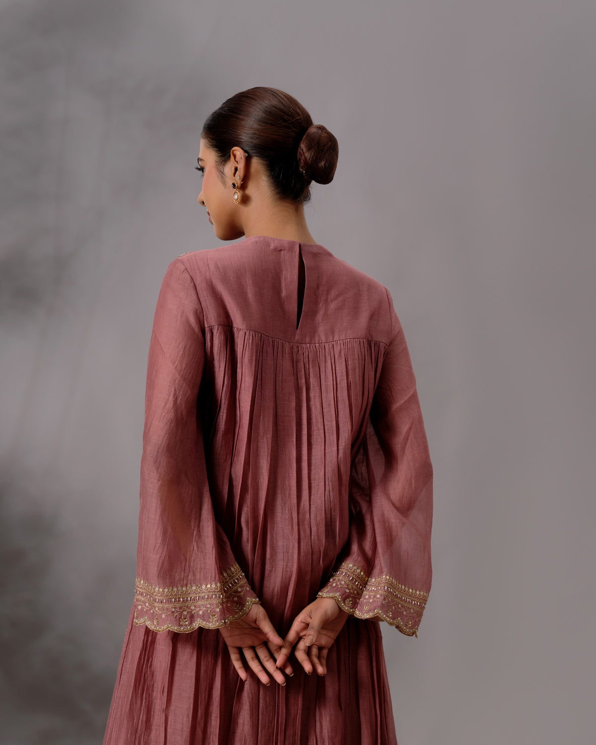 Model wearing the Rosewood Gathered Salwar Set by Kpret by Kalakaari