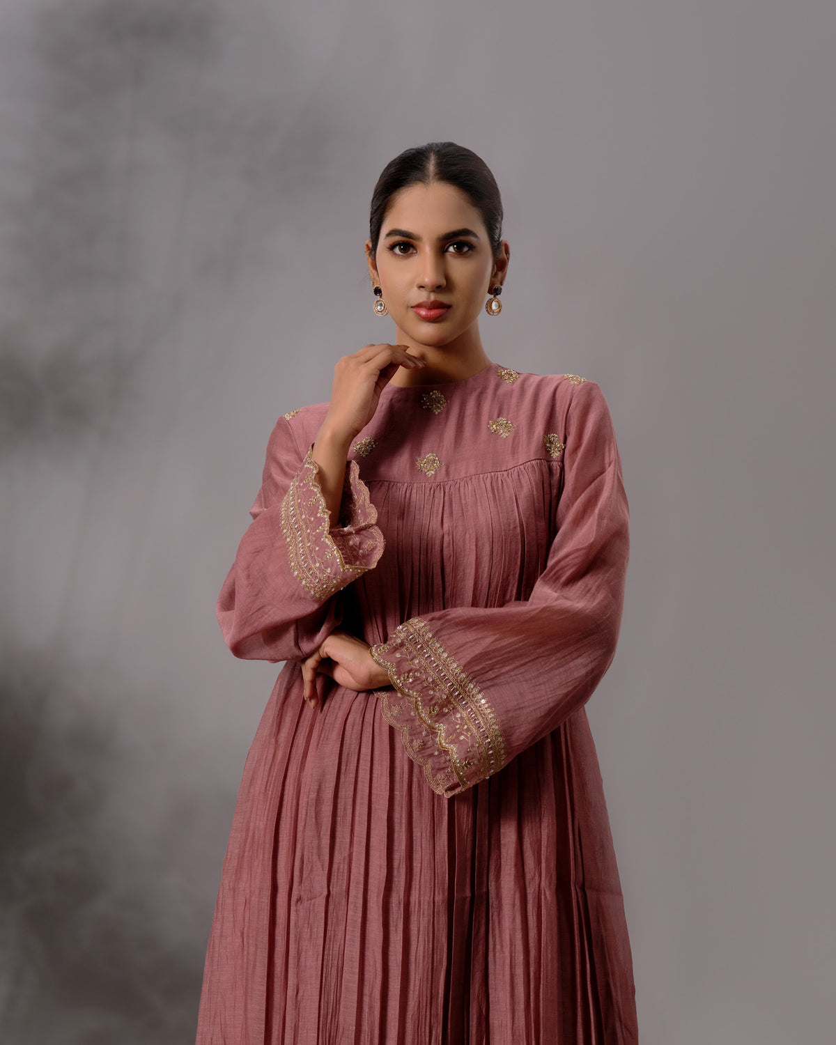 Model wearing the Rosewood Gathered Salwar Set by Kpret by Kalakaari