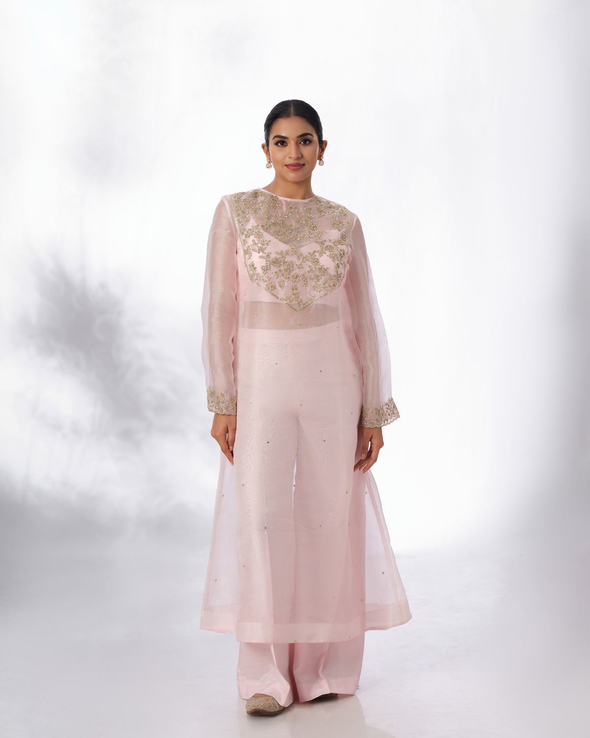 Model wearing the Calcite Silk Organza Set by Kpret by Kalakaari