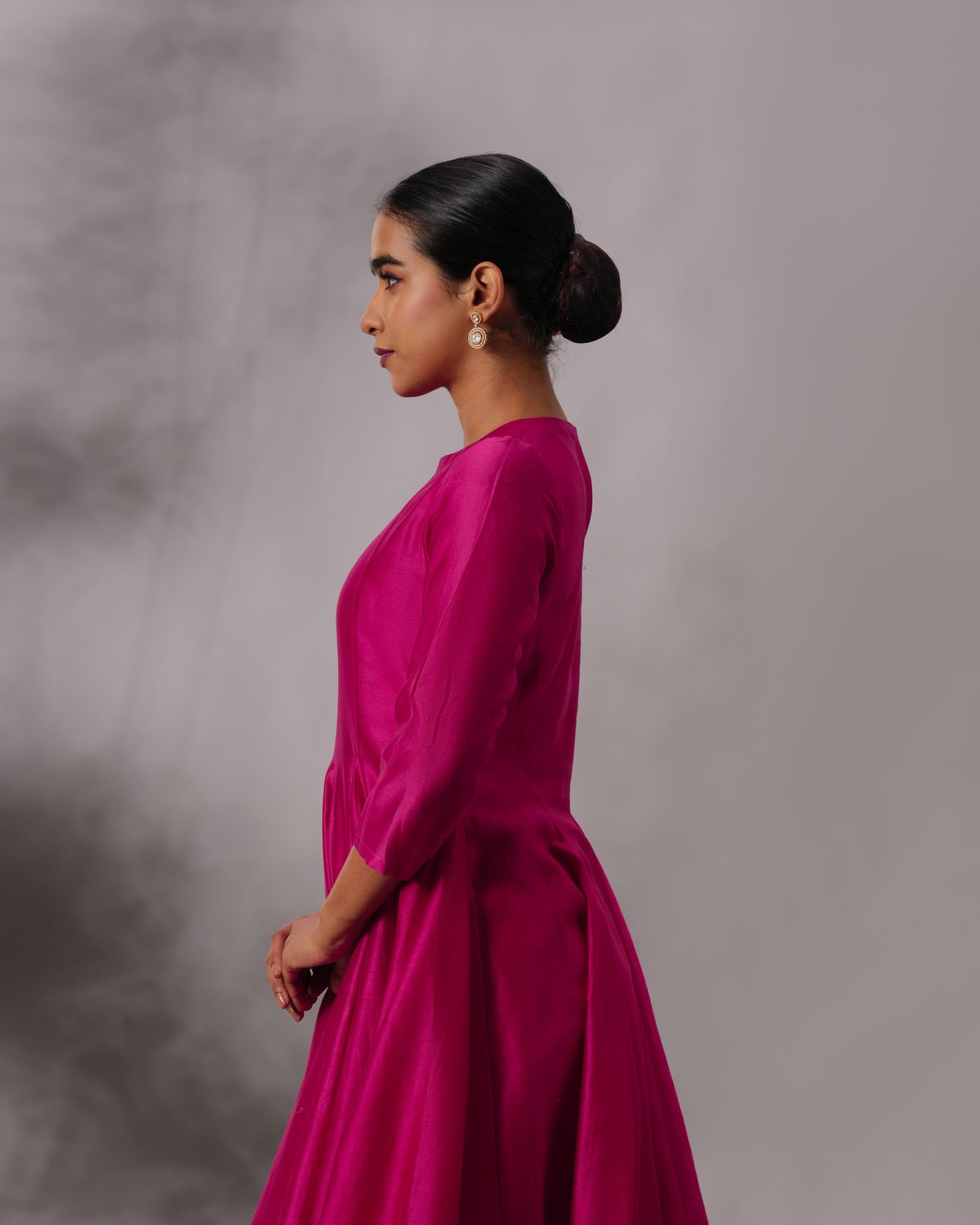 Model wearing the Hot Pink Yoke Panelled Salwar Set by Kpret by Kalakaari