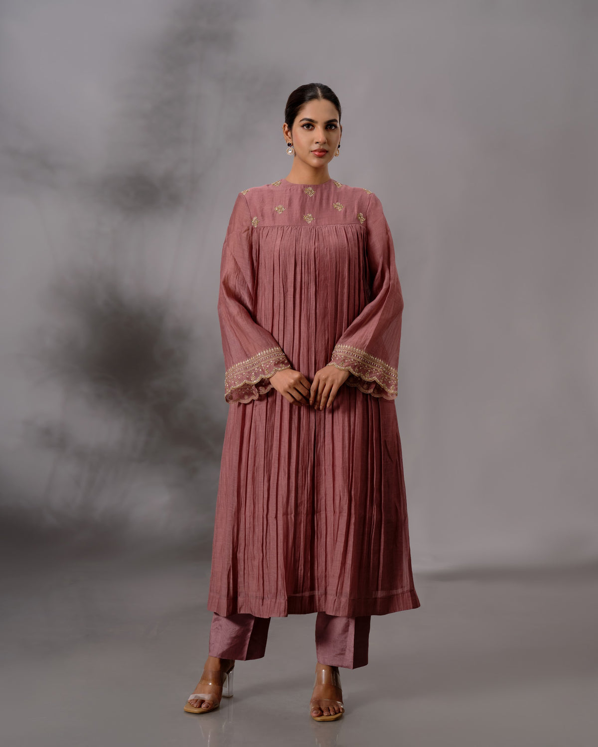 Model wearing the Rosewood Gathered Salwar Set by Kpret by Kalakaari