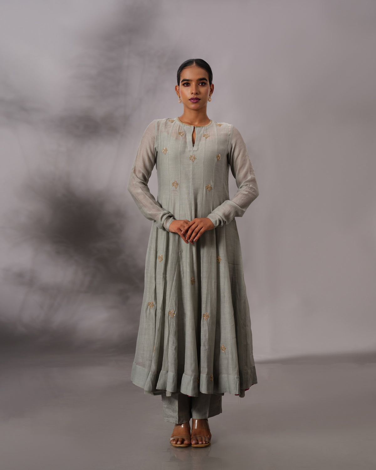 Model wearing the Aqua Grey Panelled Anarkali Set by Kpret by Kalakaari