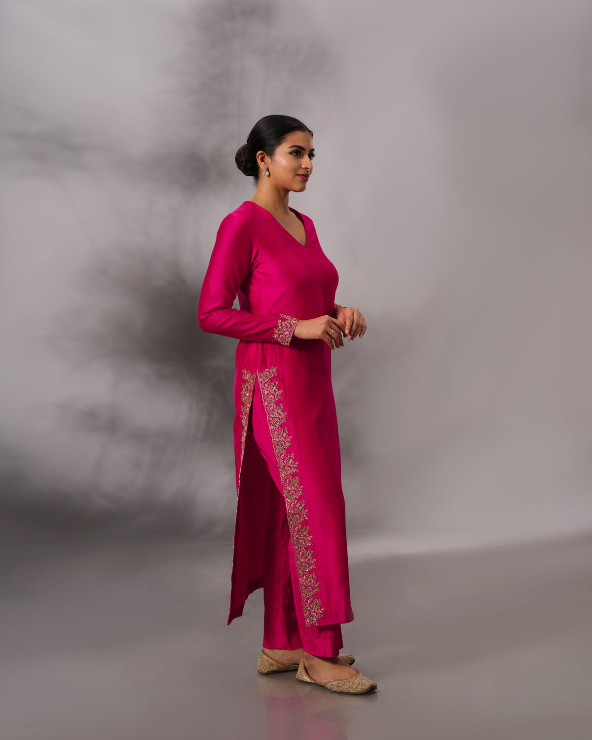 Model wearing the Hot Pink Side-Slit Salwar Set by Kpret by Kalakaari