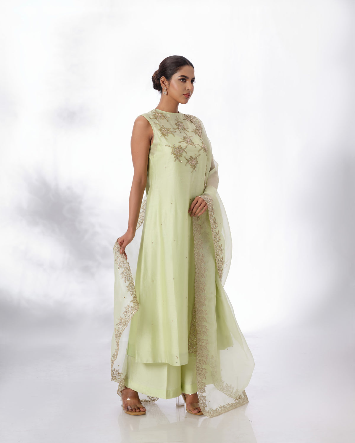 Model wearing the Lime Cream Chanderi Silk Set by Kpret by Kalakaari