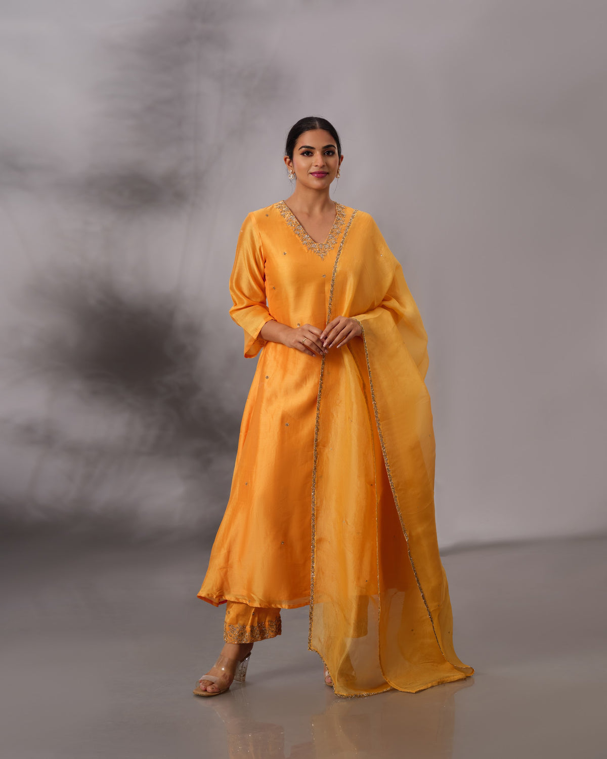 Model wearing the Cadmium Yellow A-Line Chanderi Silk Set by Kpret by Kalakaari