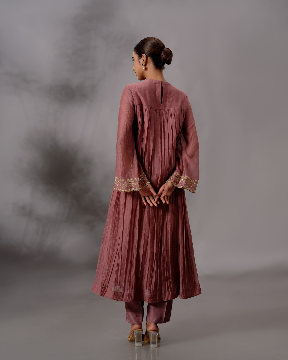 Model wearing the Rosewood Gathered Salwar Set by Kpret by Kalakaari