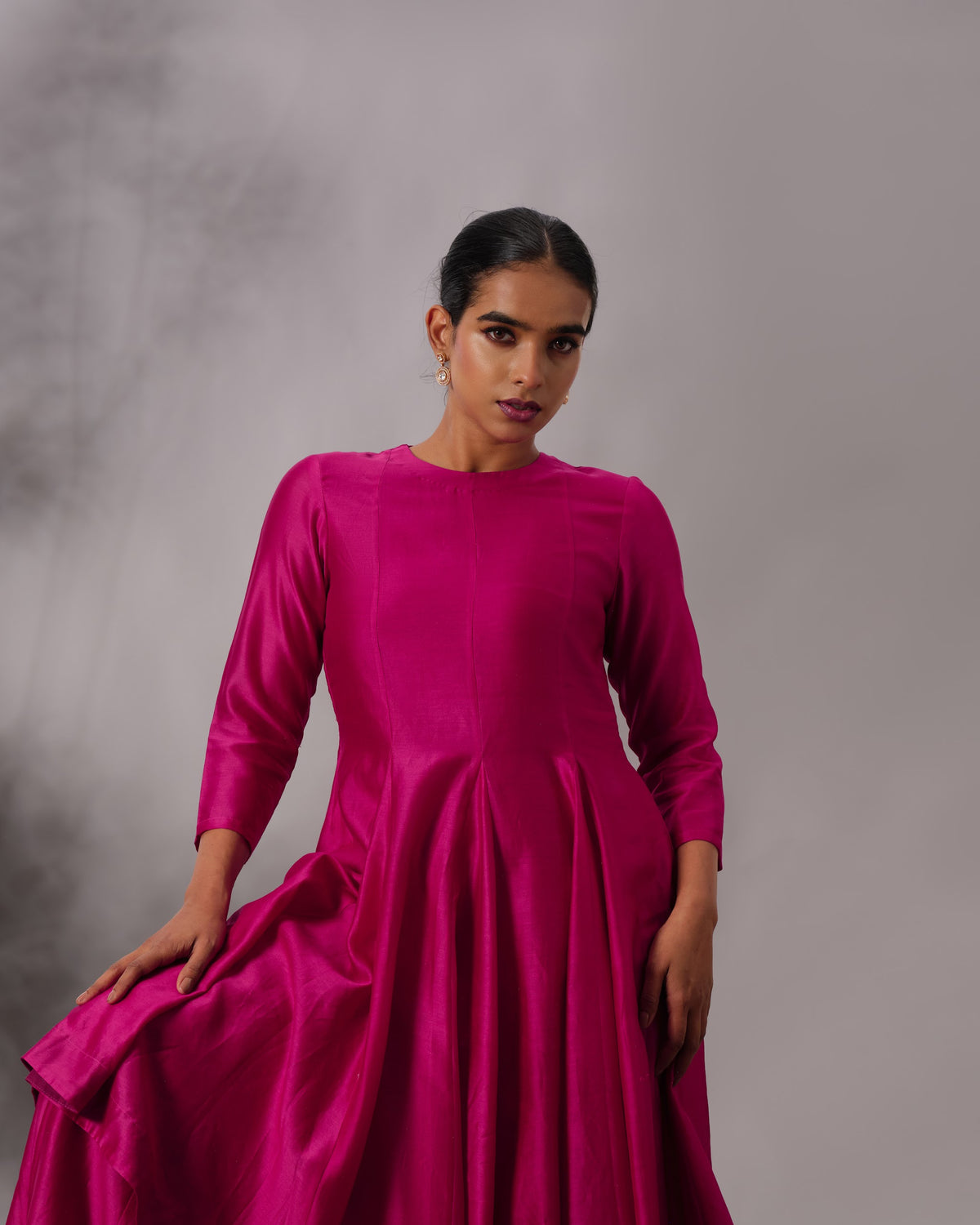 Model wearing the Hot Pink Yoke Panelled Salwar Set by Kpret by Kalakaari