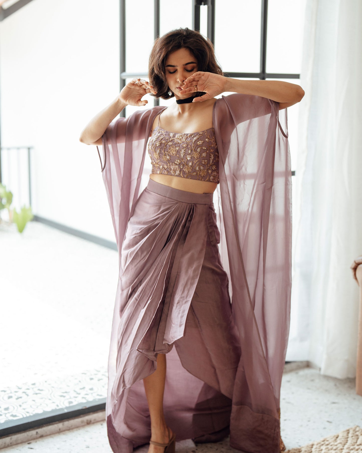 DARK MAUVE DRAPED SKIRT CROPTOP AND JACKET
