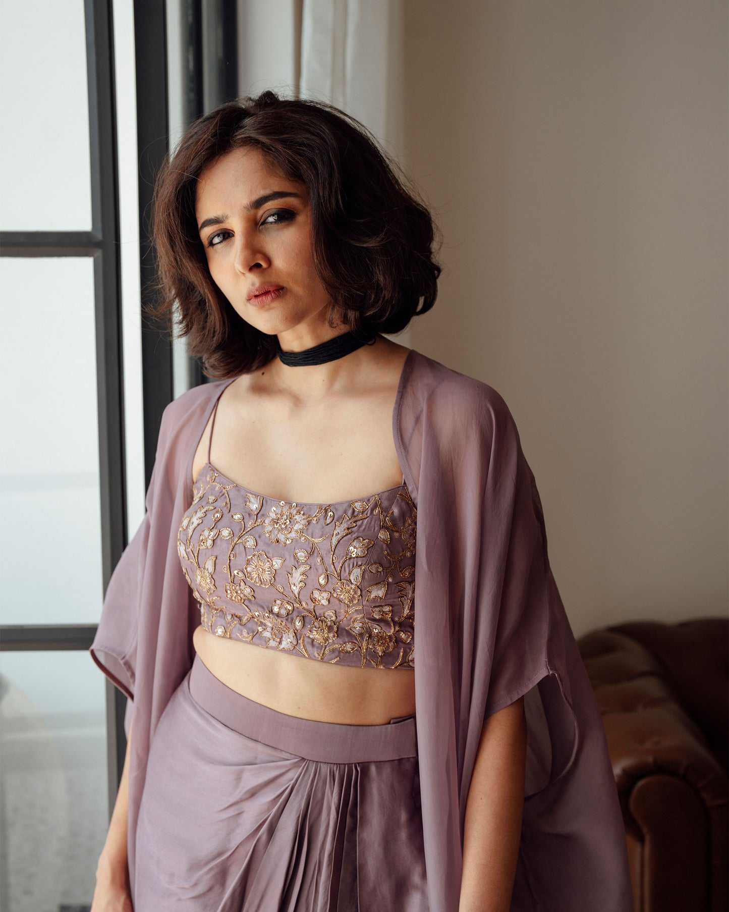 DARK MAUVE DRAPED SKIRT CROPTOP AND JACKET