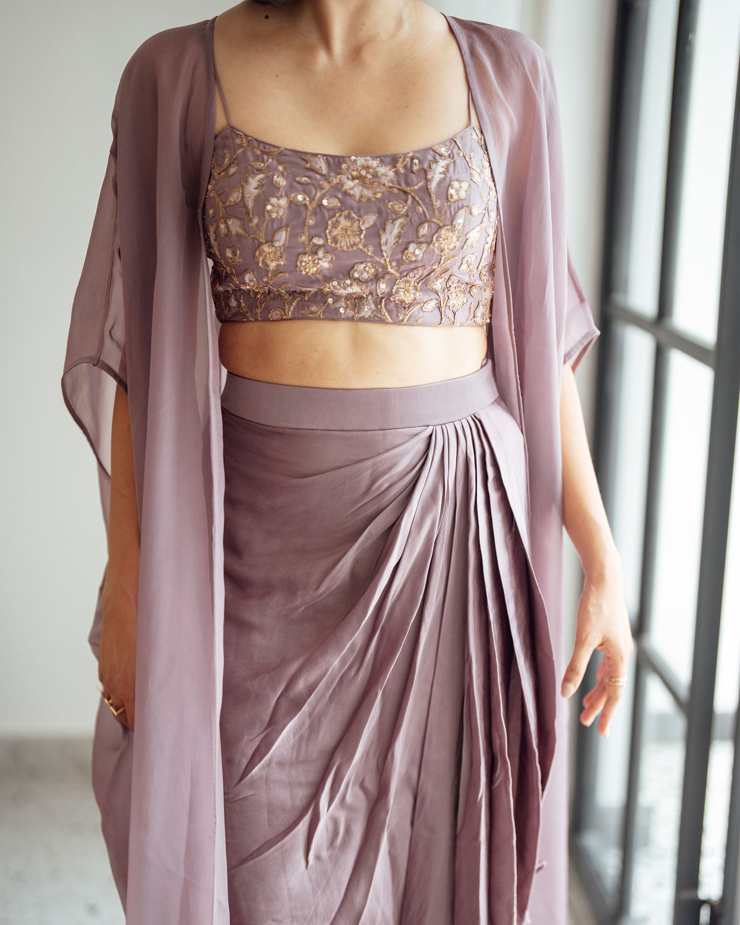 DARK MAUVE DRAPED SKIRT CROPTOP AND JACKET