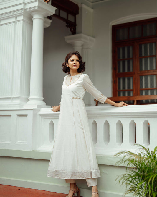 HANDLOOM CHANDERI SIDE PANEL DRESS WITH ORGANZA YOKE