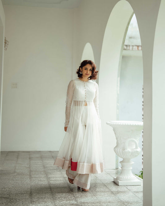 OFF WHITE HANDLOOM CHANDERI ANARKALI SUIT