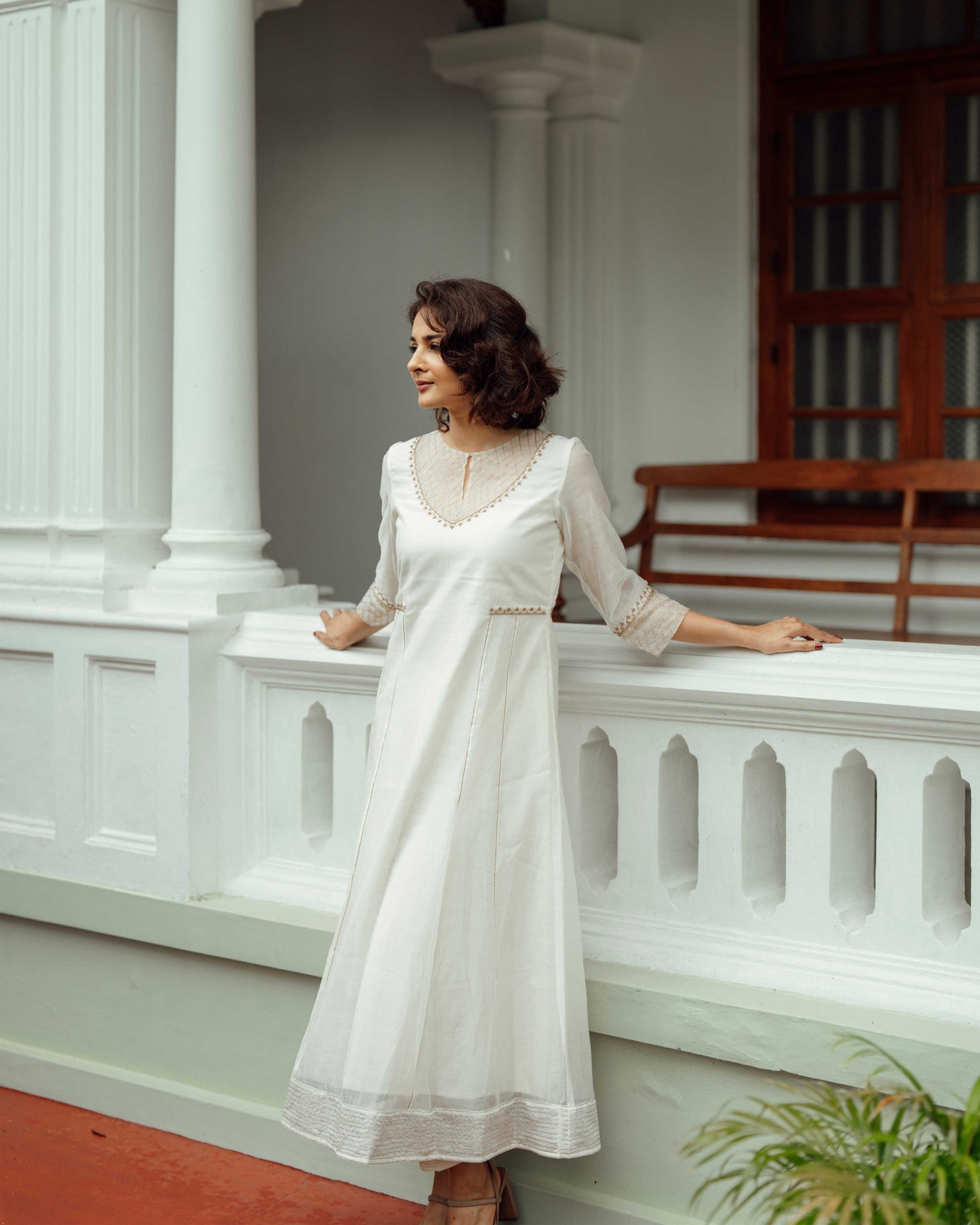HANDLOOM CHANDERI SIDE PANEL DRESS WITH ORGANZA YOKE