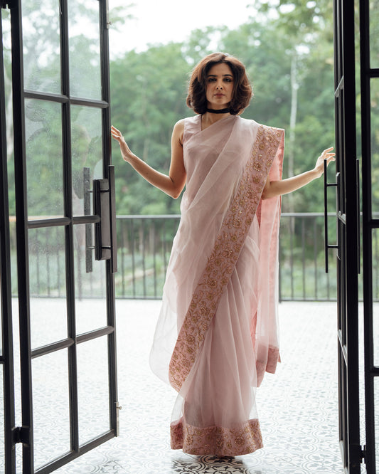 LIGHT ONION PINK SILK ORGANZA SAREE AND BLOUSE