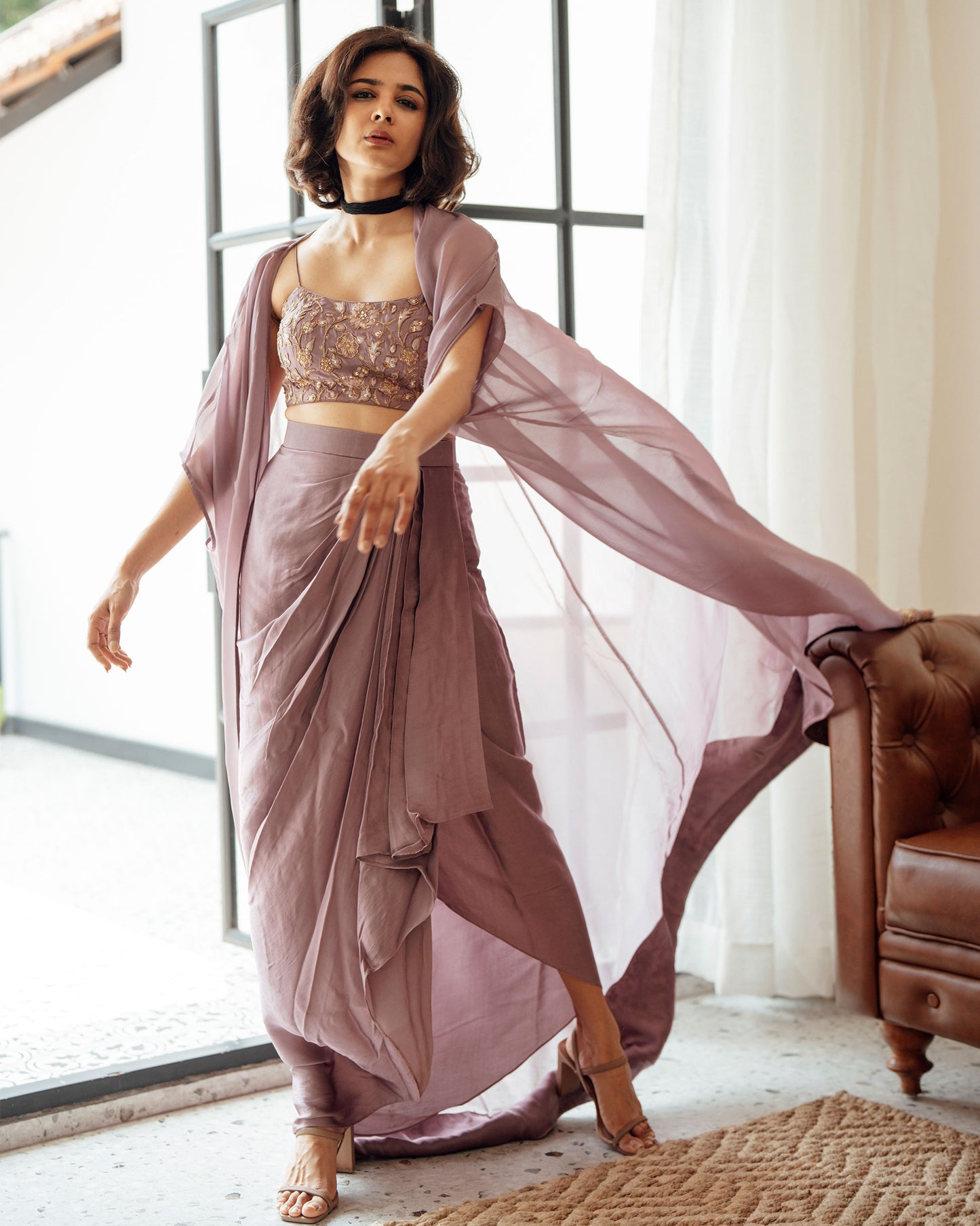 DARK MAUVE DRAPED SKIRT CROPTOP AND JACKET