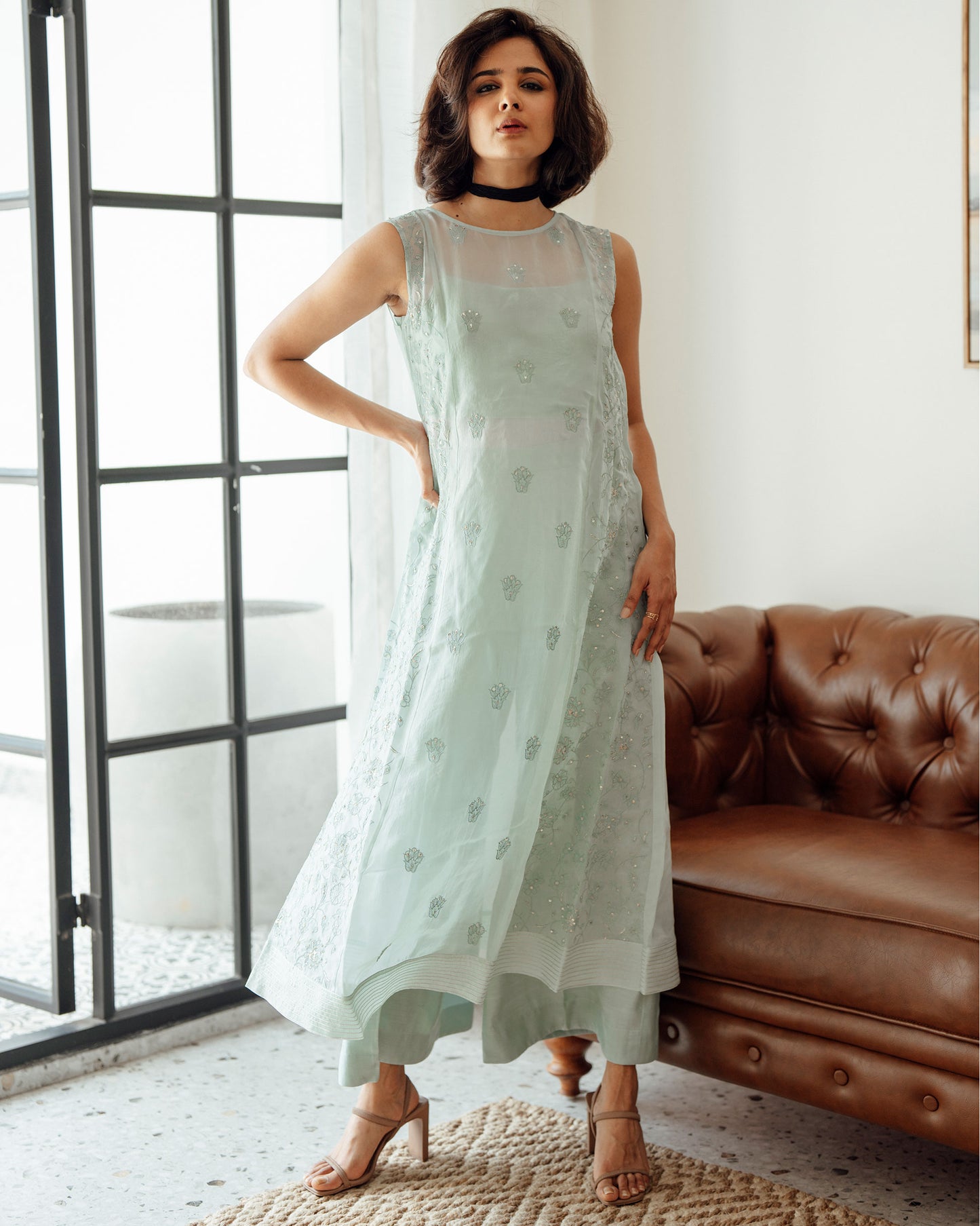 PASTEL BLUE VISCOSE ORGANZA  CO - ORD SET