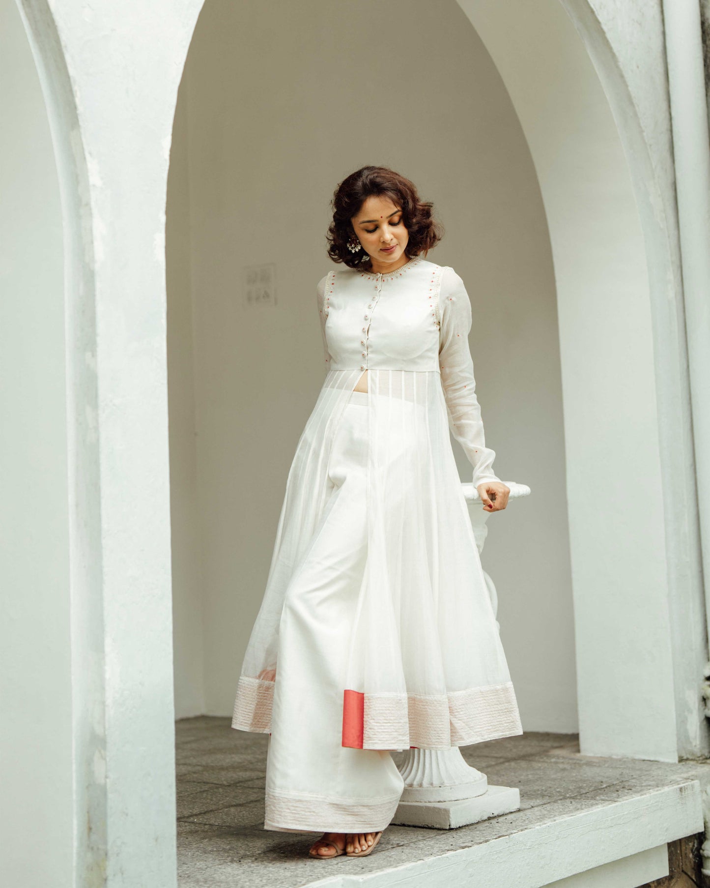 OFF WHITE HANDLOOM CHANDERI ANARKALI SUIT