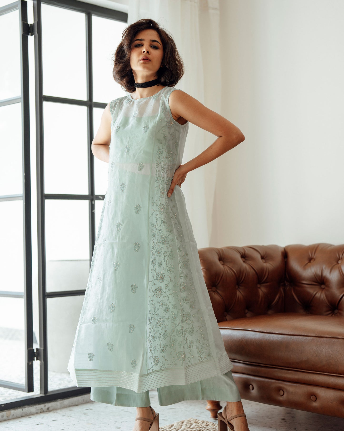 PASTEL BLUE VISCOSE ORGANZA  CO - ORD SET