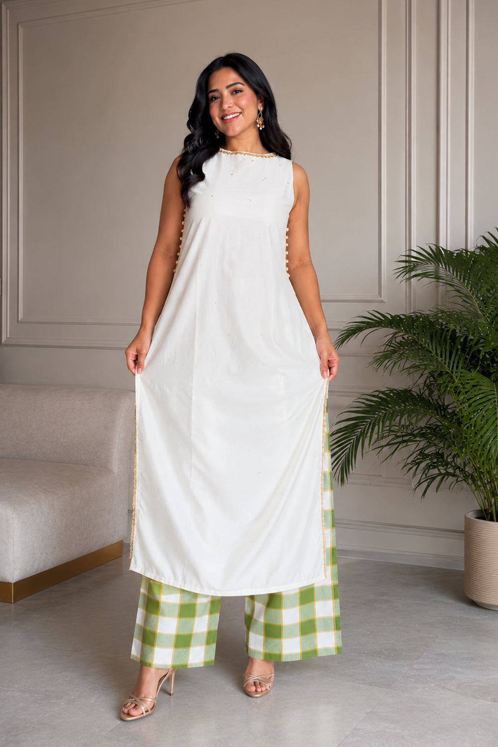 Chanderi Silk Long Slitted Top with Green Chequered Bottom